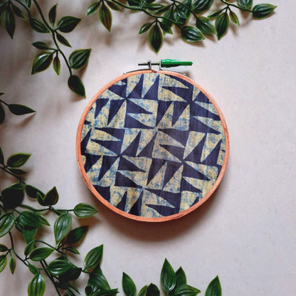 Indigo Blue and White Spike Print Embroidery Hoop | Upcycled Fabric | Handmade Wall Decor