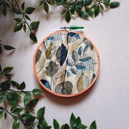 Multicolor-Blue Leaf Print Embroidery Hoop | Upcycled Fabric | Handmade Wall Art