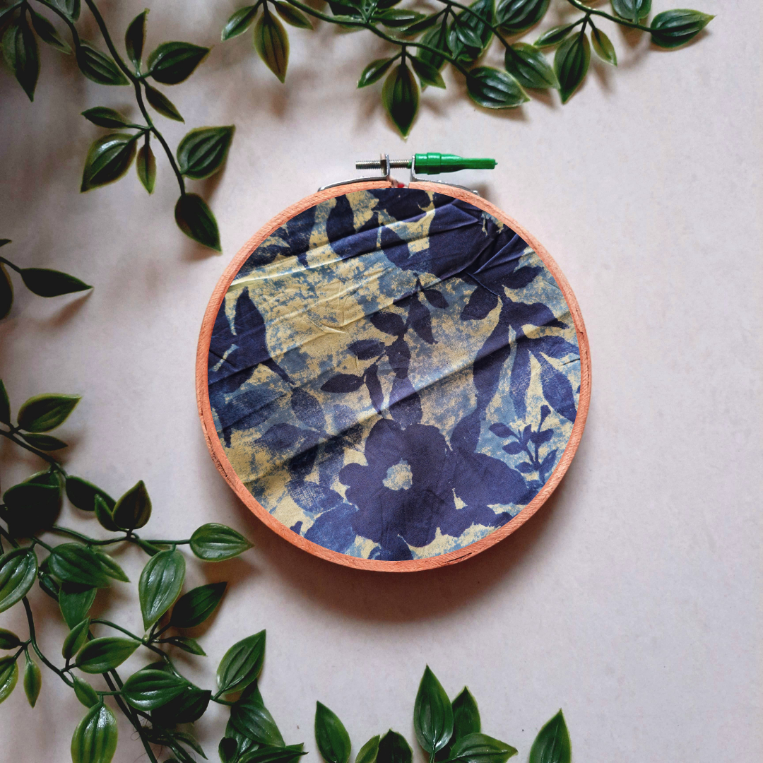 Indigo Blue Floral and Leaf Print Embroidery Hoop | Upcycled Fabric | Handmade