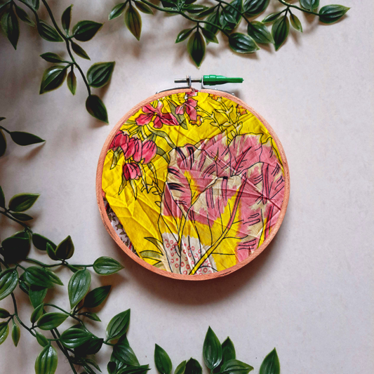 Yellow Floral Embroidery Hoop | Upcycled Fabric | Handmade Wall Decor