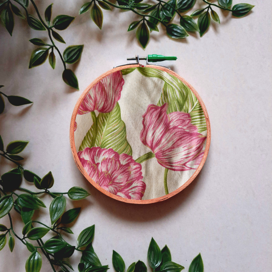 Pink Floral Print with Green Leaves Embroidery Hoop | Upcycled Fabric | Handmade Wall Art