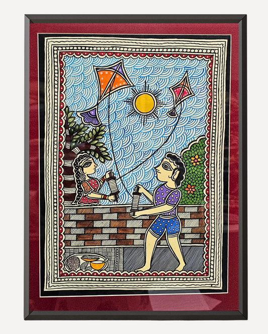 Madhubani Hand-Painted Wall Frame – Children Flying Kites, Folk Art Décor