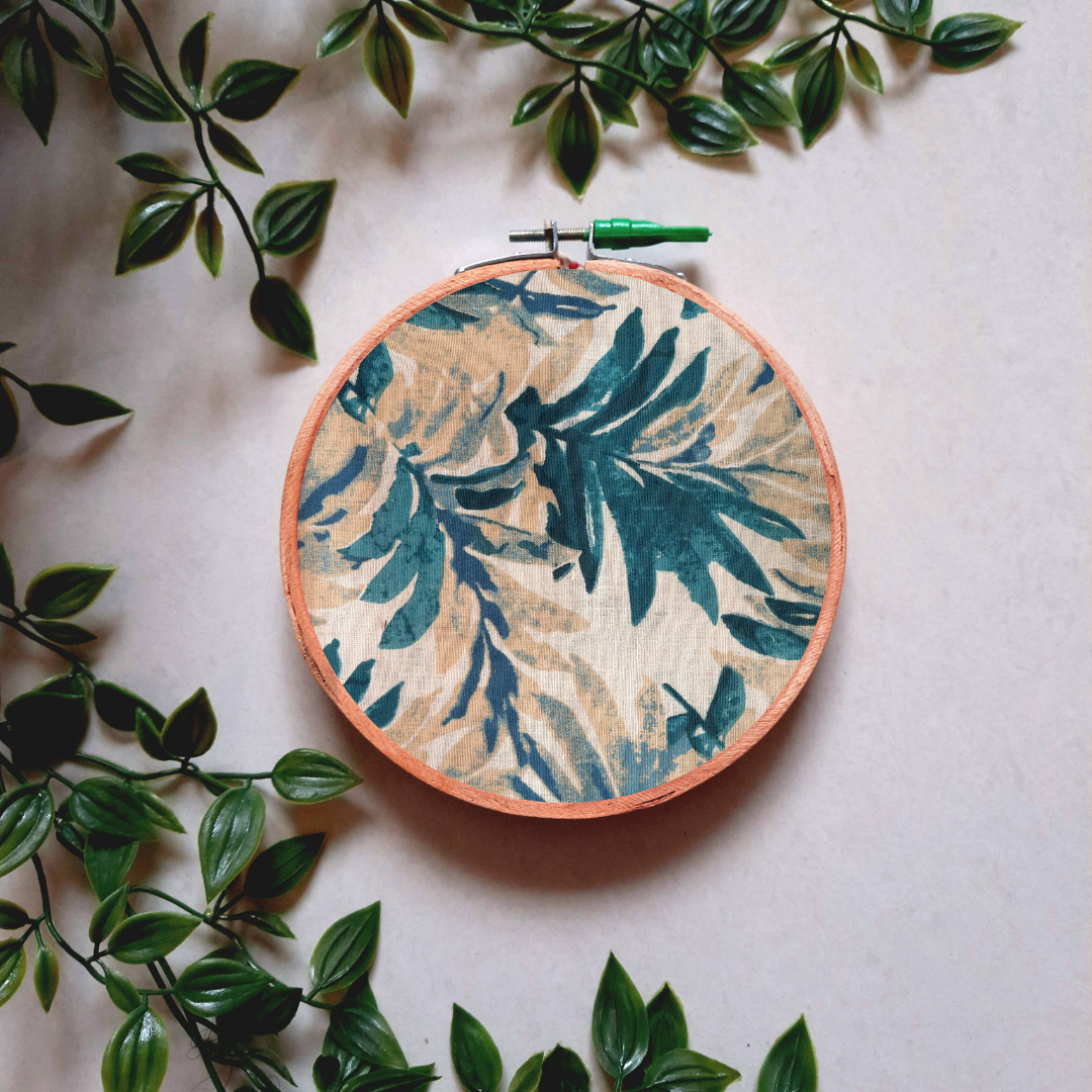 Peacock Blue Leaves Print Embroidery Hoop | Upcycled Fabric | Handmade Wall Art