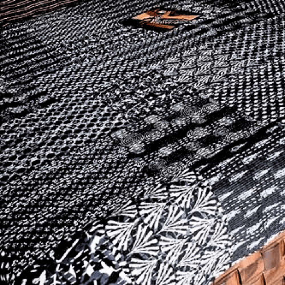 Black Kantha Work King Size Bedcover with white motifs