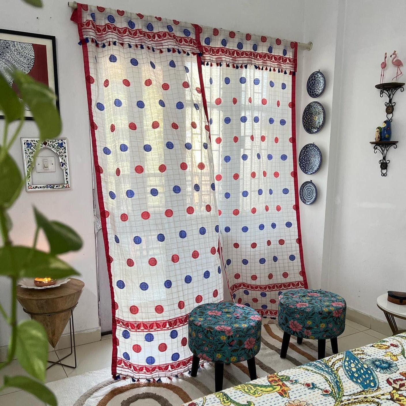 Sheer Assamese Handloom Curtain with Blue & Red Mishing Floral Motif | Cotton-Silk Blend with Silk Tassels from Assamese Mekhela Sador