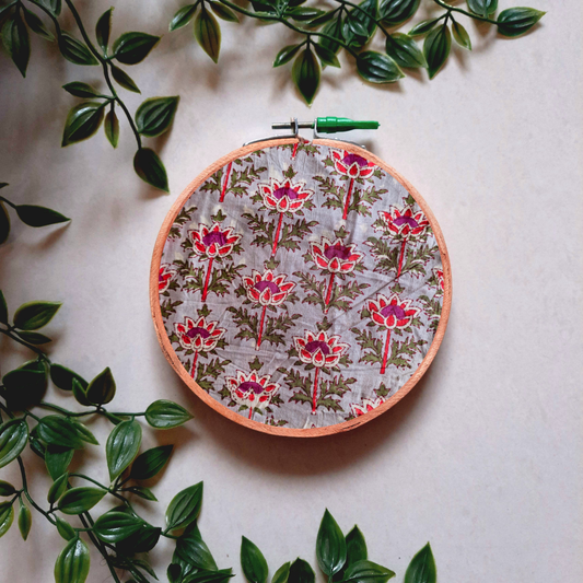 Grey Fabric Embroidery Hoop with Pink Lotus Print | Handmade | Upcycled Decor