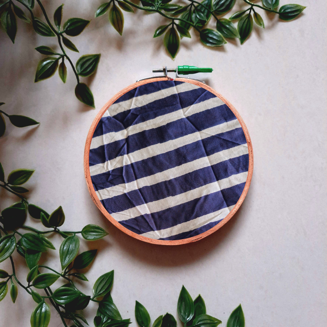 Blue and White Striped Embroidery Hoop | Upcycled Fabric | Handmade Wall Decor