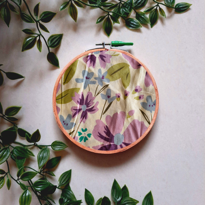 Purple and Blue Floral Embroidery Hoop Wall Decor | Upcycled Fabric | Handmade