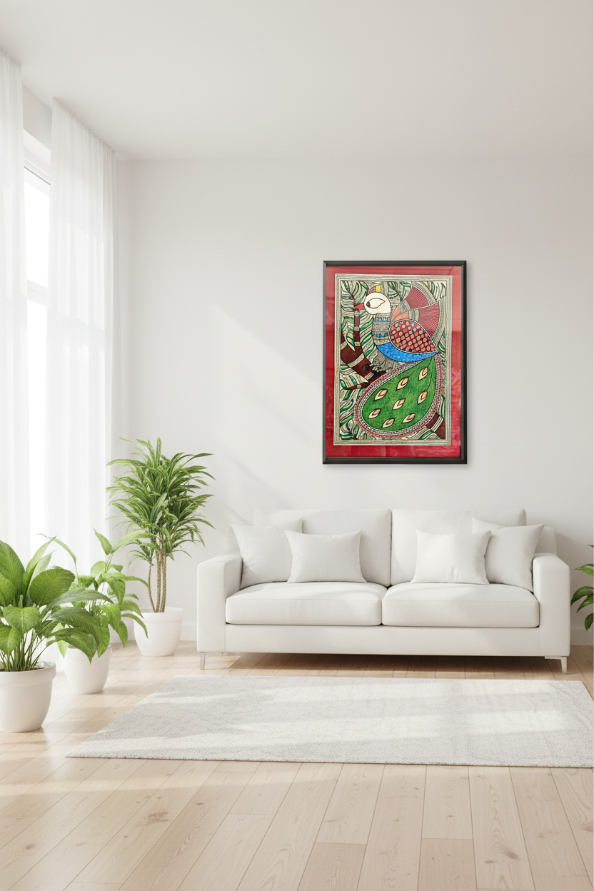 Madhubani Hand-Painted Wall Frame – Peacock Folk Art
