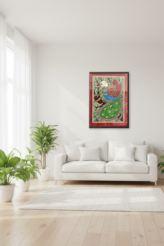 Madhubani Hand-Painted Wall Frame – Peacock Folk Art