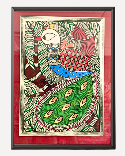 Madhubani Hand-Painted Wall Frame – Peacock Folk Art