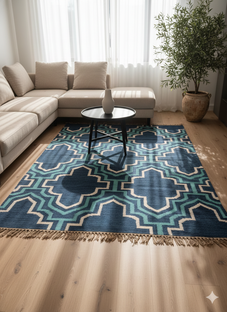 Living room with a blue geometric patterned rug, beige sofa, and a small round table.