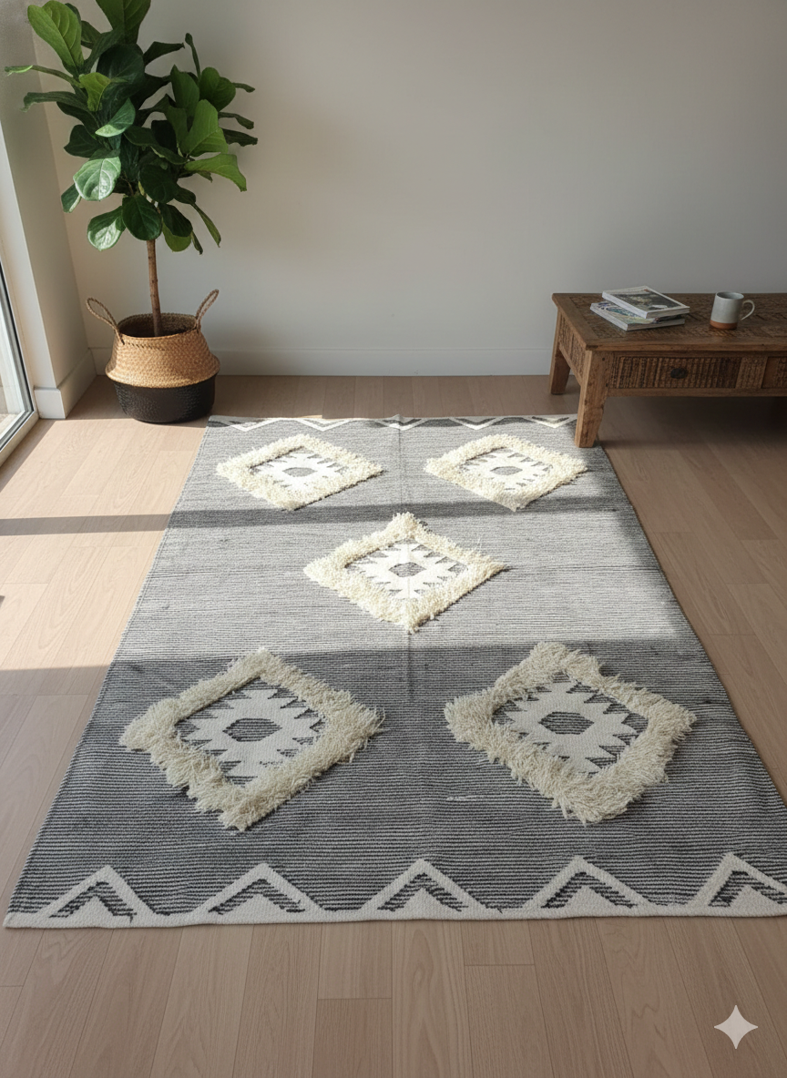 Gray and white patterned rug on a wooden floor with a plant and small table in the background.