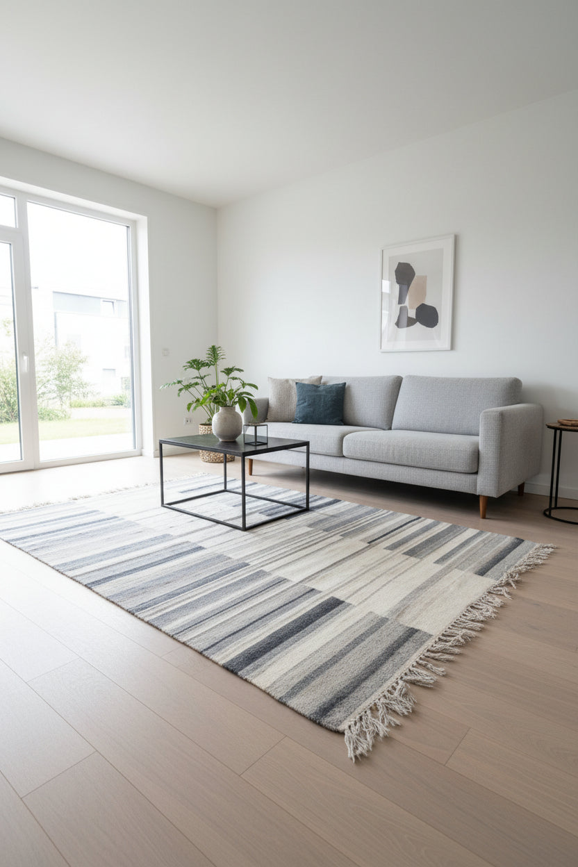 Modern living room with a gray sofa, striped rug, and a plant.