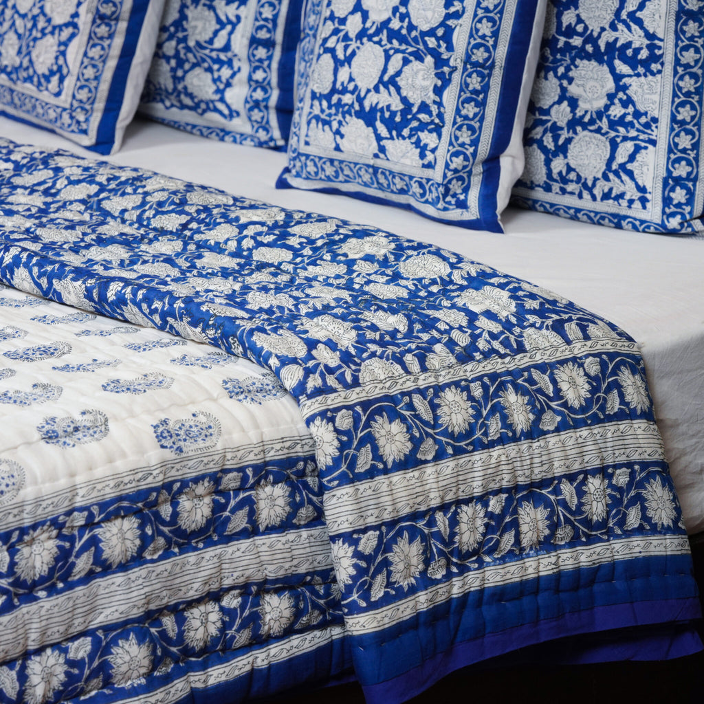 Indigo Blue Floral Print Pure Cotton Reversible Dohar King Size