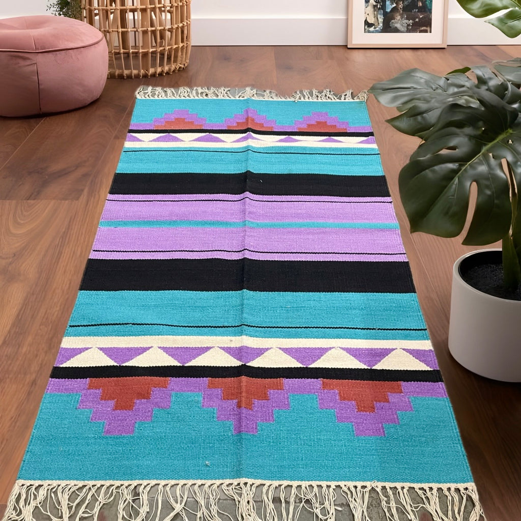 5.5x3 ft Multicoloured Geometric Striped Dhurrie Carpet with Tassels