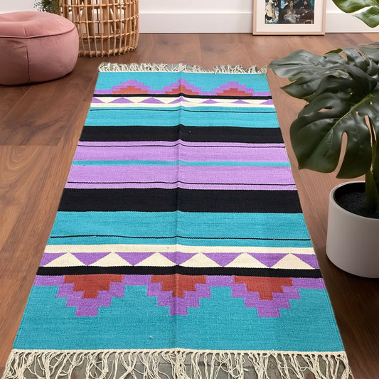 5.5x3 ft Multicoloured Geometric Striped Dhurrie Carpet with Tassels