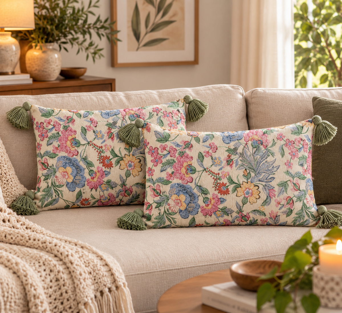 Floral Cotton Lumbar Cushion Cover | Tasseled Botanical Pillow Case