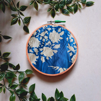 Blue Floral Embroidery Hoop | Upcycled Fabric | Handmade Wall Decor