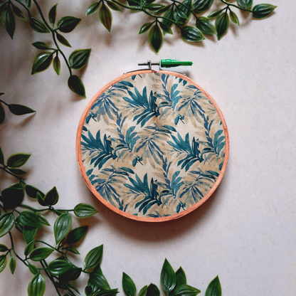 Peacock Blue Leaves Print Embroidery Hoop | Upcycled Fabric | Handmade Wall Art