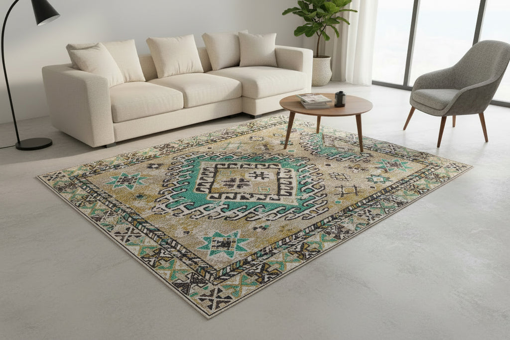 5x3 ft light green and yellow Persian pattern printed cotton dhurrie with tassels, handwoven for an elegant living room look