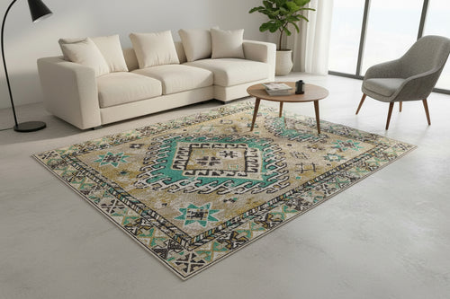 5x3 ft light green and yellow Persian pattern printed cotton dhurrie with tassels, handwoven for an elegant living room look