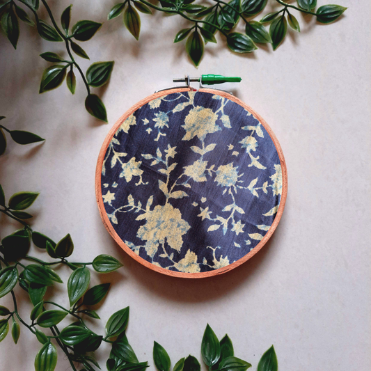 Indigo Blue Floral Embroidery Hoop | Upcycled Fabric | Handmade Wall Decor