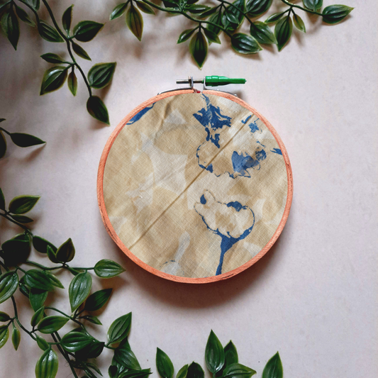 Beige and Blue Abstract Print Embroidery Hoop | Upcycled Fabric | Handmade Wall Art