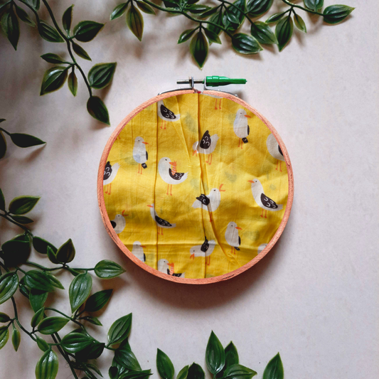 Yellow Bird Print Embroidery Hoop | Upcycled Fabric | Handmade