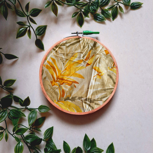 Yellow Leaf Print Embroidery Hoop | Upcycled Fabric | Handmade