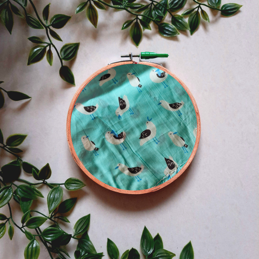 Teal Colored Bird Print Embroidery Hoop | Upcycled Fabric | Handmade