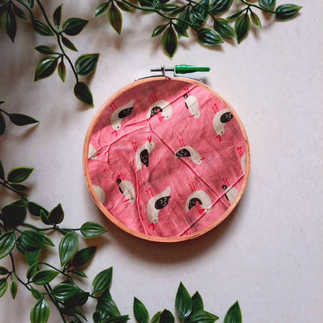 Pink Bird Print Embroidery Hoop | Upcycled Fabric | Handmade