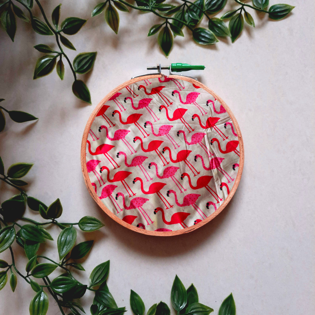 Pink Flamingo Print Embroidery Hoop | Upcycled Fabric | Handmade