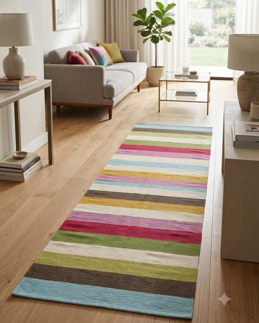8.8 x 2.5 ft Multistripe Wool Runner Rug | Multicolor Striped Rug