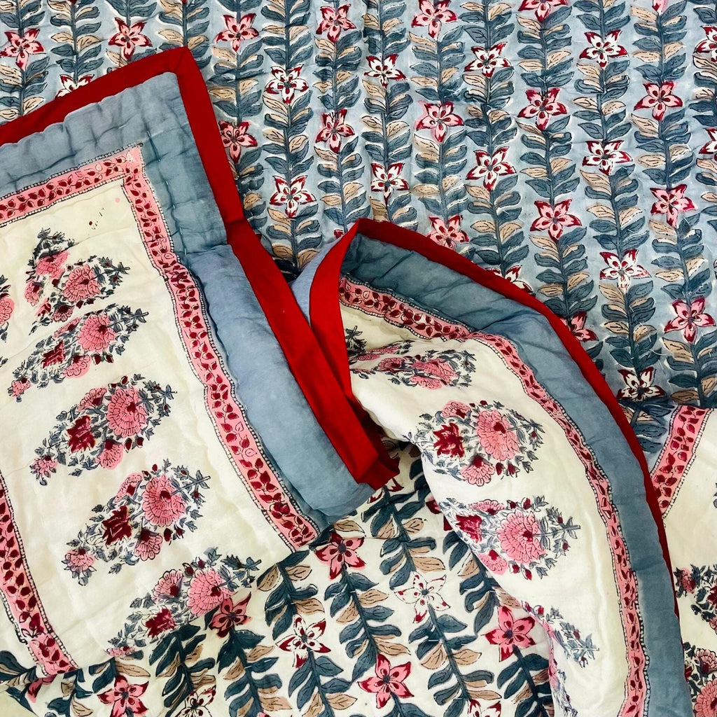 Pink And Grey Floral Print Pure Cotton Reversible Dohar King Size