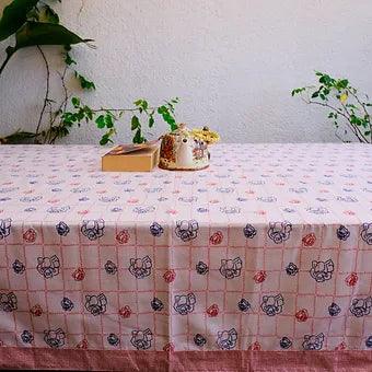 Hand Block Printed Cotton Table Cover with Peach Rose Motifs