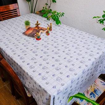 Hand Block Printed Grey Cotton Table Cover with Rose Motifs