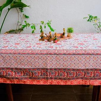 Hand Block Printed Cotton Table Cover with Red Lotus Motifs