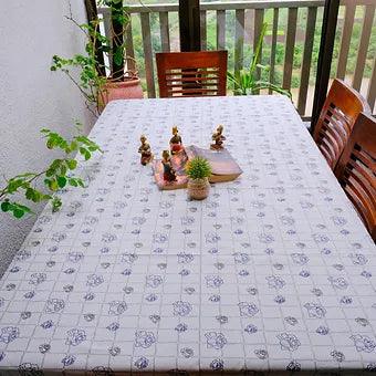 Hand Block Printed Grey Cotton Table Cover with Rose Motifs