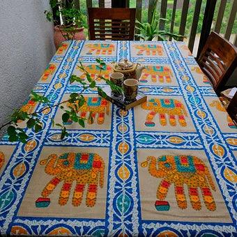 Hand Block Printed Pure Cotton Table Cover with Elephant Print