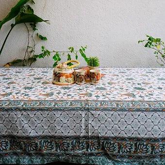 Hand Block Printed Cotton Table Cover with Lotus Pattern Mughal Print