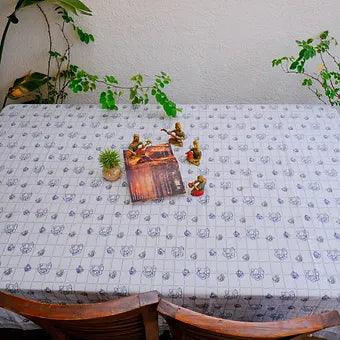 Hand Block Printed Grey Cotton Table Cover with Rose Motifs