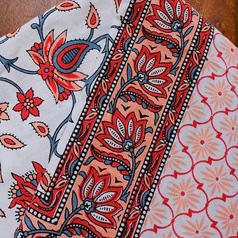 Hand Block Printed Cotton Table Cover with Red Lotus Motifs