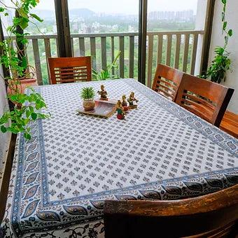 Hand Block Printed Grey Cotton Table Cover with Mughal-Inspired Motifs