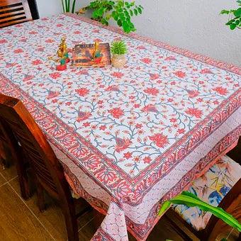 Hand Block Printed Cotton Table Cover with Red Lotus Motifs