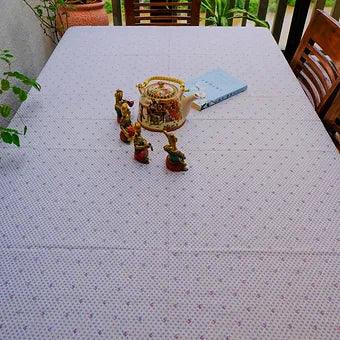 White Cotton Block Printed Table Cover with Blue Motifs & Border