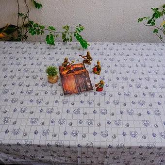 Hand Block Printed Grey Cotton Table Cover with Rose Motifs