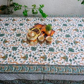 Hand Block Printed Cotton Table Cover with Lotus Pattern Mughal Print