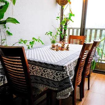 Hand Block Printed Grey Cotton Table Cover with Mughal-Inspired Motifs