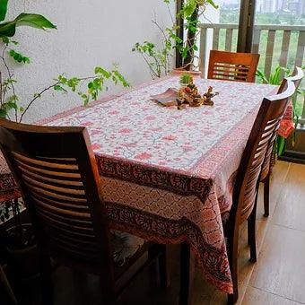 Hand Block Printed Cotton Table Cover with Red Lotus Motifs